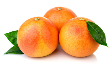 Pink grapefruits with green leaves isolated on white background