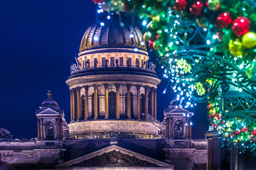Petersburg. New year in Russia. New Year's holidays in St. Petersburg. Russian Federation. St. Isaac's Cathedral decorated for the new year.