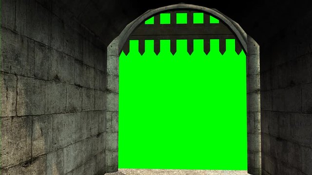 Apertura grate castello medioevale su sfondo chroma key