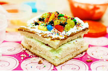 Multicolored cake. Dessert cake. Multi colored.
