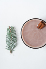 Winter drink. Warm cocoa with milk and cinnamon stick  on a white background. Decor with fir branches. Flat lay. Morning light
