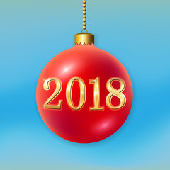 Merry Christmas 3D bauble, decoration with gold 2018 number. Red ball, isolated on light-blue background. Bright golden holiday design. Xmas, Happy New Year celebration Vector illustration