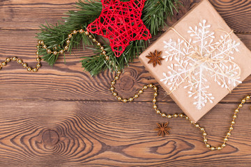 Christmas and New Year holiday background. Christmas decor on a wooden table. Top view, blank space