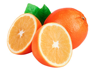 Orange with slice and leaf isolated on the white background