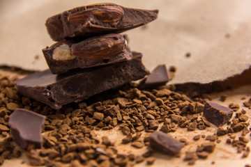 Dark chocolate stack on the wooden,Close up chocolate