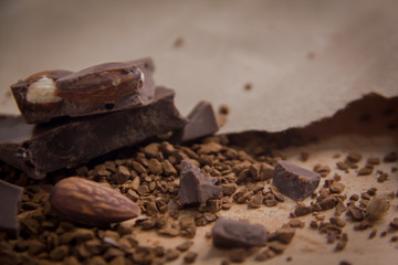 Dark chocolate stack on the wooden,Close up chocolate