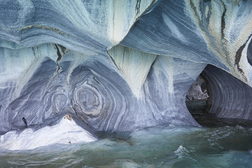 Detail of the Marble Caves formed by water erosion along the edge of Lago General Carrera along the Carretera Austral in Northern Patagonia, Chile.