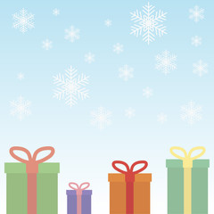 gifts in boxes with ribbons on snowflakes background