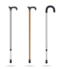 Wooden cane and metal telescopic canes with elegant and ergonomic handles. Isolated objects on white background. Medicine and health. Vector illustrations.