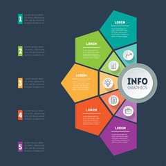 Business presentation concept with 5 options. Vector infographic of technology or education process. Part of the report with icons set. Web Template of a info graphics, diagram on dark background.