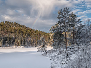 View over the cold snowy lake in evening light