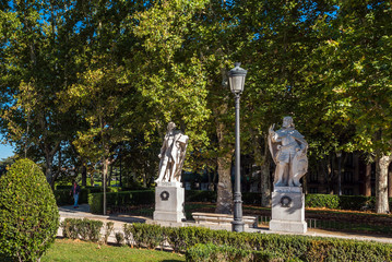 View of the sculptures in the city park, Madrid, Spain. Copy space for text.