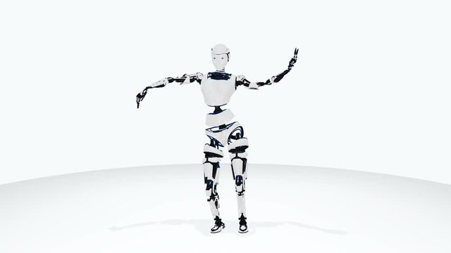 Sexy robot android woman dancing. Sci-fi stylish robotic girl. Cute robot woman. CG animation.