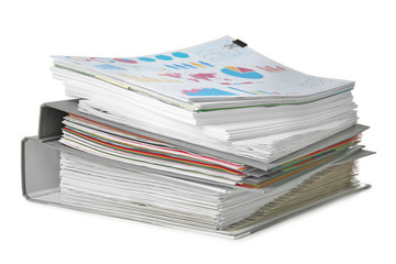 Stack of documents on white background