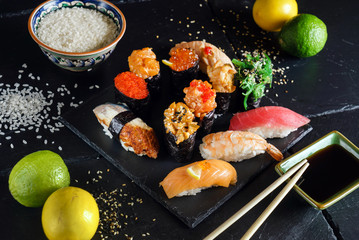 sushi set on the black background