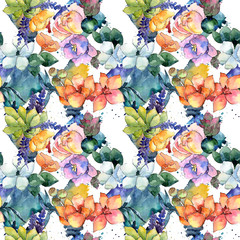 Fototapeta na wymiar Flower composition pattern in a watercolor style. Full name of the plant:tropical flower. Aquarelle wild flower for background, texture, wrapper pattern, frame or border.
