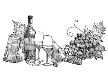 Composition of a bottle of wine, two glasses, parmesan cheese, grapes and leaves with olives. Hand drawn engraving style illustrations. Banners of wine vintage background. - 185768573