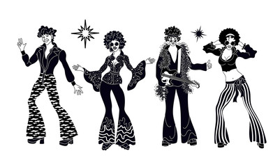 Soul Party Time. Dancers of soul silhouette funk or disco.People in 1980s, eighties style clothes dancing disco, cartoon vector illustration isolated on white.Men and women in 80s style clothing
