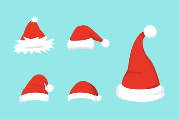 Vector illustration of set of Santa Hats in cartoon design.