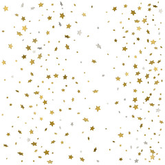 Gold glitter Confetti stars background. Scatter on bottom made of gold glittering confetti stars. Scatter bottom frame on white background. Vector illustration.