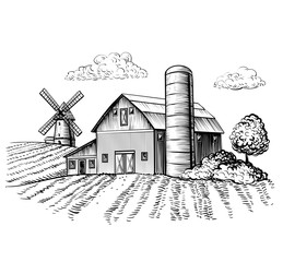 Rural landscape, farm barn and windmill sketch. Hand draw illustration of countryside natural scenic. Agricultural farmhouse and field. Vector monochrome outline image © ilonitta