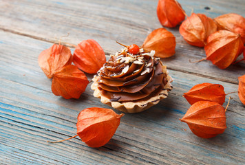  Sweet waffle, cake with cream and physalis  on a  wooden background