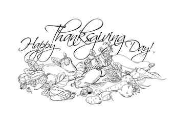 Happy Thanksgiving Day horizontal poster with different vegetables. Superfood illustration, hand drawn sketch for coloring book page design