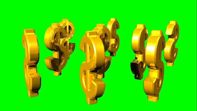 Rotazione sul proprio asse verticale di numerosi simboli del dollaro su sfondo chroma key