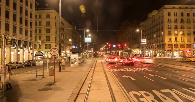 VIENNA, AUSTRIA &ndash; DECEMBER 2015 : Moving timelapse of central Vienna tram line from shot with Day to Night transition