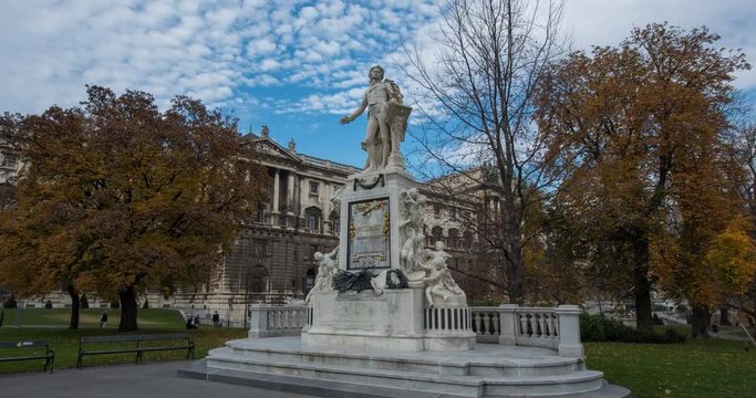 VIENNA, AUSTRIA &ndash; DECEMBER 2015 : Moving timelapse of Mozart Statue in central Vienna