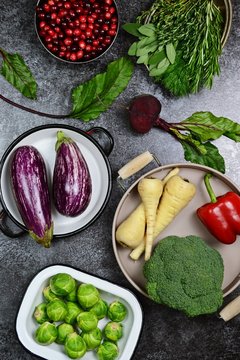 Freash vegetables on the dark background. Top view vegetables