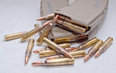 Two brown rifle magazines loaded with .223 rounds and several rounds laying next to them on a white background