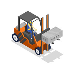 Forklift loading cinder block isometric 3D icon. Storage logistics or house construction vector illustration isolated on white background.