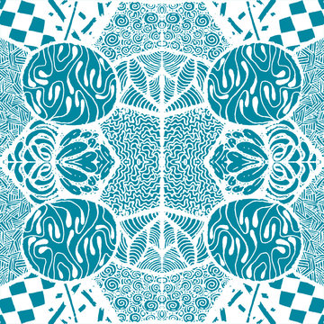 Seamless aqua tile with lacy patterns. Hand drawing in the style of sentangle. Suitable for sheathing or wrapping.
