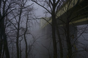 cincinnati, ohio and covington kentucky riverfront and bridges in the fog on misty day at dusk