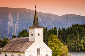 Fototapeta na wymiar Bruvik Lutheran Church, island Osteroy Norway
