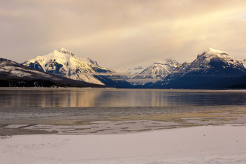 Fototapeta na wymiar Winter lake in Glacier National Park, Montana, Lake McDonald