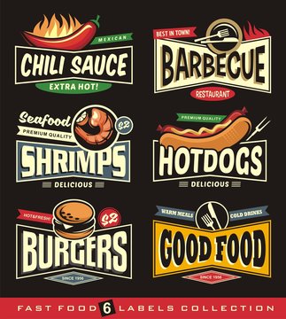 Chili, barbecue, shrimps, hot dogs, burgers and food signs, logo designs and banners. Diner promotional graphics.