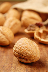 Macro view of  walnuts on the table 