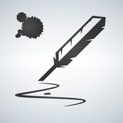 Vector black icon of feather and ink on light grey background