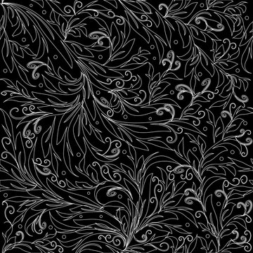 Floral line art tracery vector seamless pattern. Flowery background with outline flowers, leaves, swirls. Hand drawn patterned texture. Black white isolated rich design for wallpapers, fabric, prints.