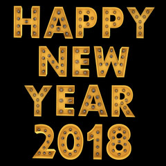 Happy new year 2018 alphabet font in light sign yellow vintage on black