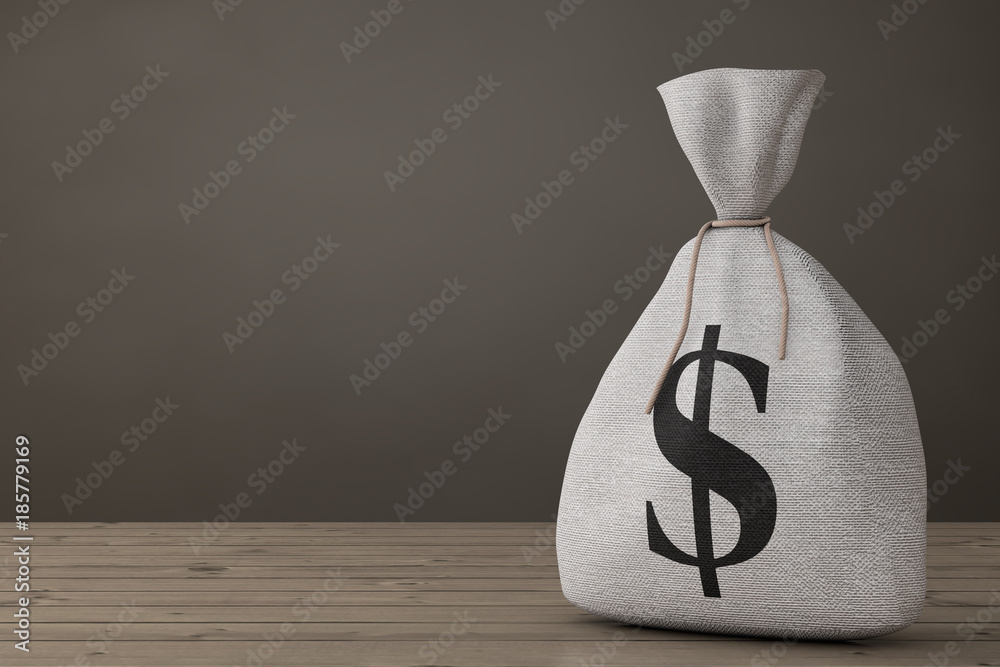 Poster Tied Rustic Canvas Linen Money Sack or Money Bag with Dollar Sign. 3d Rendering