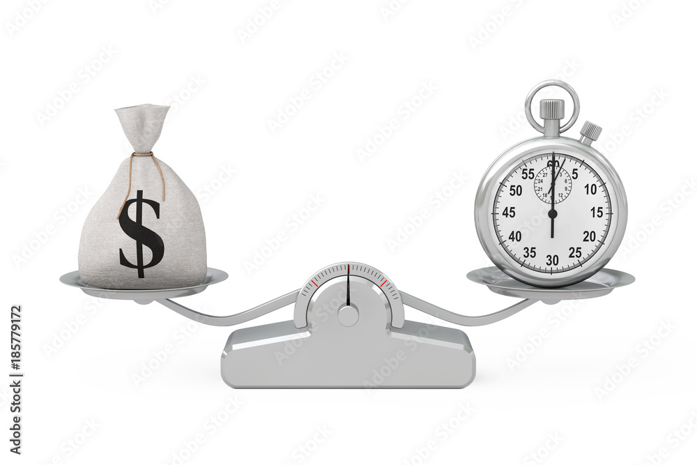 Poster tied rustic canvas linen money sack or money bag and dollar sign with stopwatch balancing on a simpl