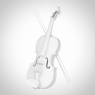 White Classical Wooden Violin with Bow in Clay Style. 3d Rendering