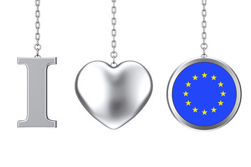 Hanging by Chain I Love Canada Sign as Silver Heart and Badge with European Union Flag. 3d Rendering