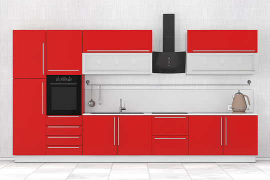 Modern Red Kitchen Furniture with Kitchenware. 3d Rendering