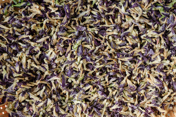 Pea flowers / Pea flowers dry on wooden container.