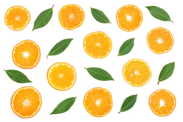 Slices of orange or tangerine with leaves isolated on white background. Flat lay, top view. Fruit composition