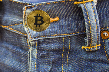 coin instead of the buttons on the jeans. the fashion for bitcoins. new style.
